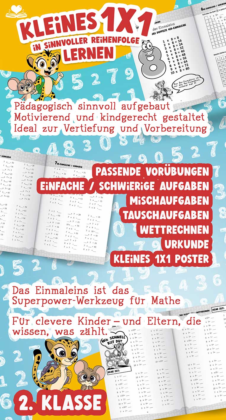 Endlich verstanden! Wie dein Kind das Einmaleins sicher lernt - hole dir das kostenloses Starterpaket - Barbara Lachner - Autorin und Fotografin - Barbara Lachner Blog-Das kleine Einmaleins – es klingt harmlos, ist aber für viele Kinder ein echter Knackpunkt im Matheunterricht.
Was in der Schule als „Grundlagenwissen“ vermittelt wird, entscheidet darüber, wie sicher dein Kind in den nächsten Jahren mit Mathe umgeht. Denn das Einmaleins ist weit mehr als eine Pflichtübung.
Wer die Malreihen nicht sicher beherrscht, tut sich später schwer – bei Division, Sachaufgaben, Brüchen oder schriftlichem Rechnen. Und das schlägt nicht selten auf die Motivation und das Selbstvertrauen.
Mit Flick & Lio das Einmaleins entdecken – Schritt für Schritt: Zusammen begleiten sie dein Kind durch alle Malreihen von 1 bis 10 – erst die leichten, dann die kniffligeren. Spielerisch, kindgerecht und mit einer klaren Struktur, die Sicherheit schafft.